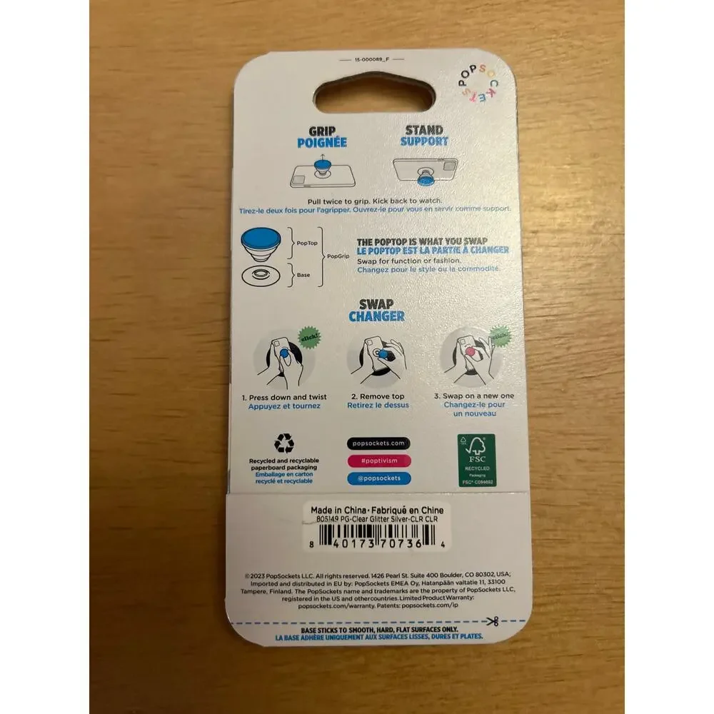 #407 New Popsockets Swappable Top Phone Grip & Stand Clear with Silver Glitter